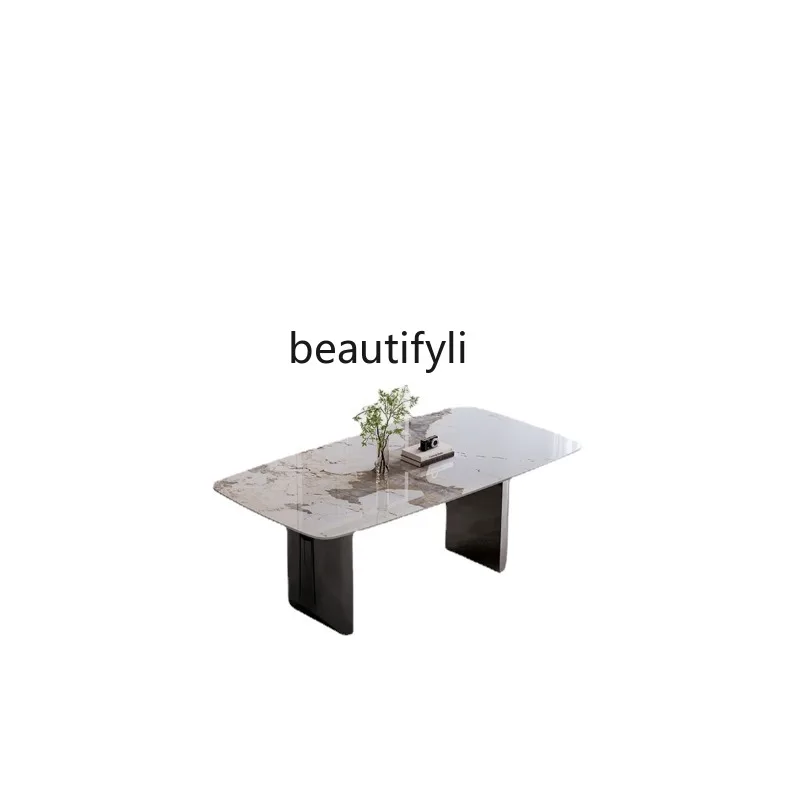 

Stone Plate Dining Table Modern Simple Italian Small Apartment Rectangular Design Carbon Steel Bottom Dining Table Combination