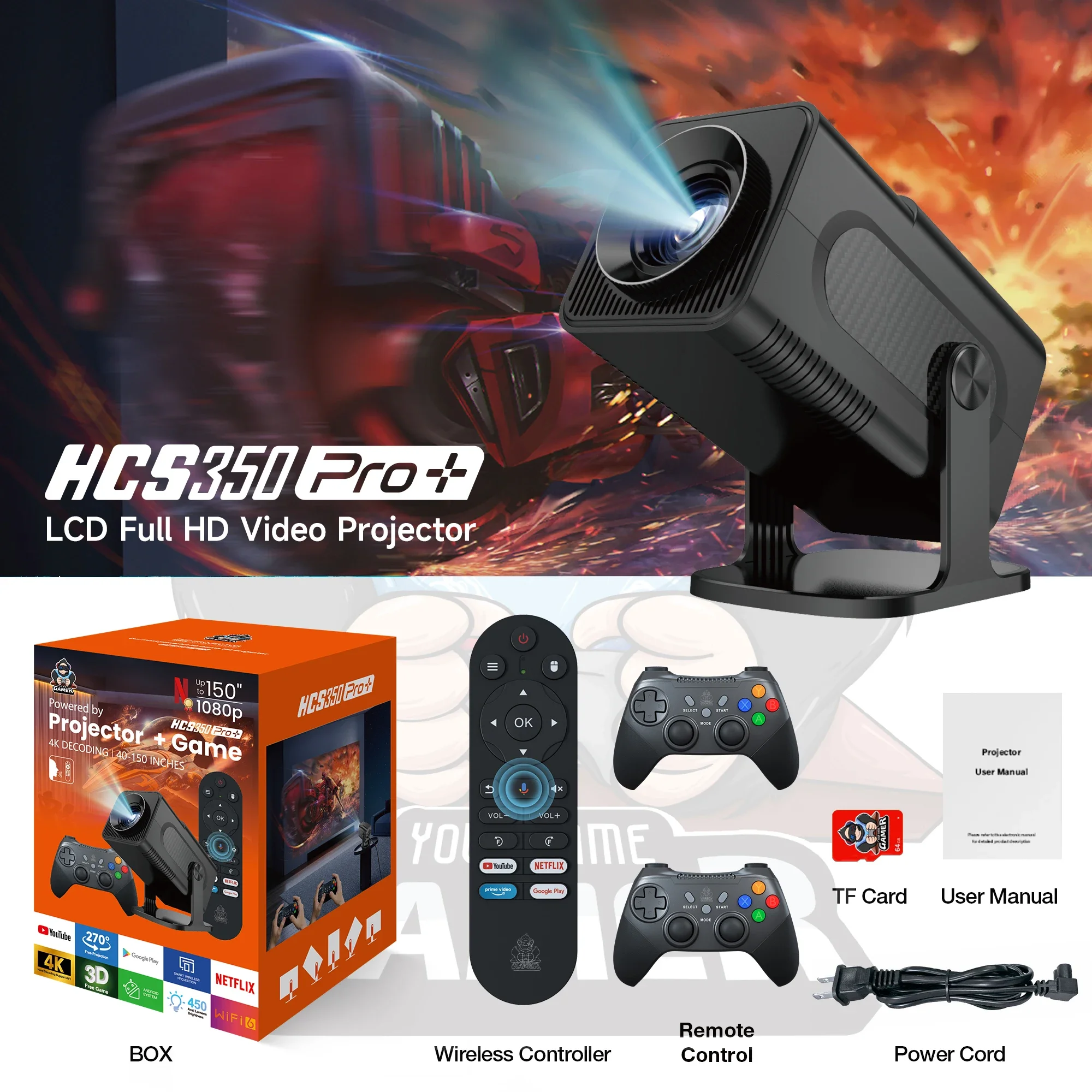 HCS350 PRO+ 3D HD portable Retro video game consoles projector smoothly without buffering for Android WIFI6 dual system gaming