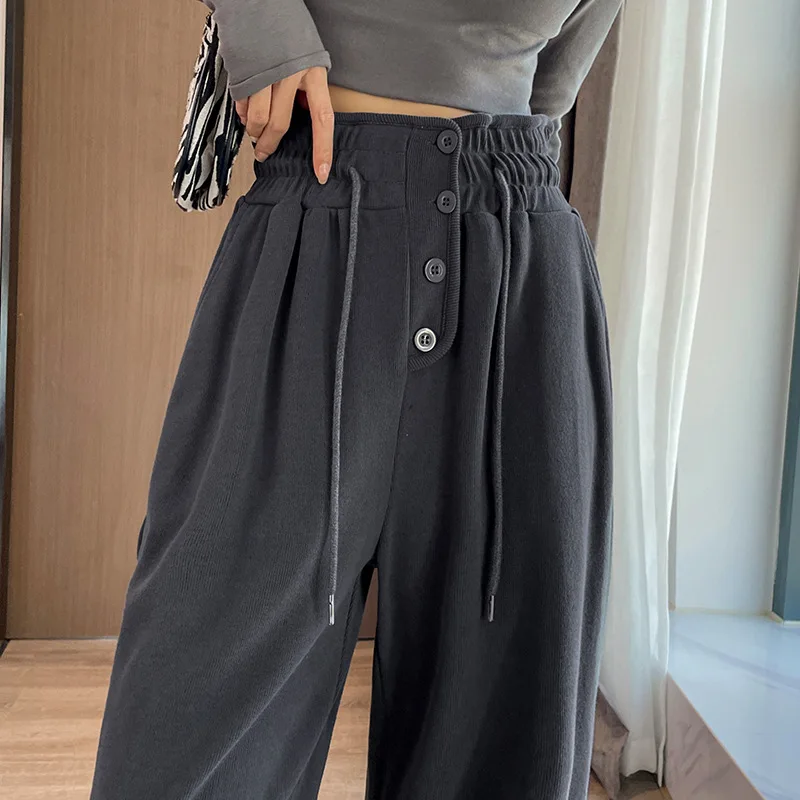 

Fashion Breasted Sports Pants For Women 2023 Spring New High-Waisted Drawstring Thin Loose Bunched Feet Harlan Wei Pants 121