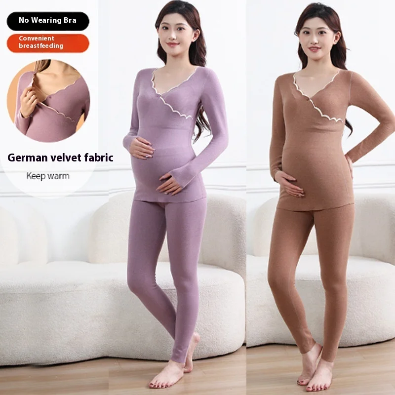 1Set Pregnant Woman Breastfeeding Autumn Clothes Autumn Pants Set Velvet Warm Base Shirt With Chest Pad underwear warm