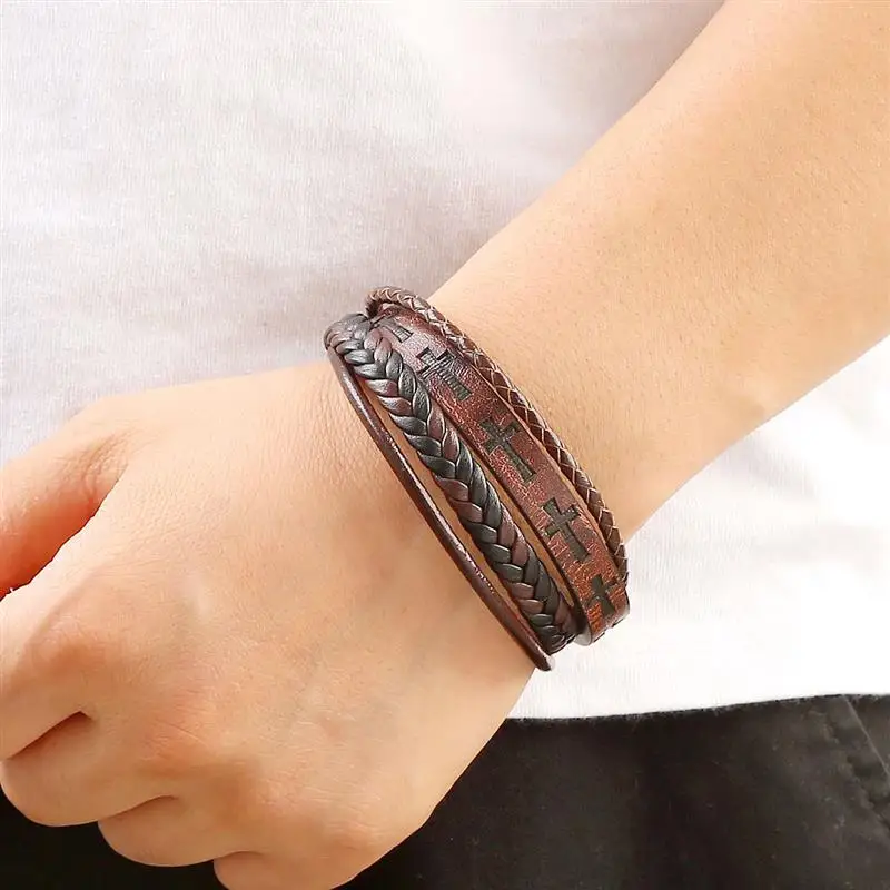 Leather Bracelet Men Cross Vintage Handwoven Hip-Hop Punk Jewelry Gift