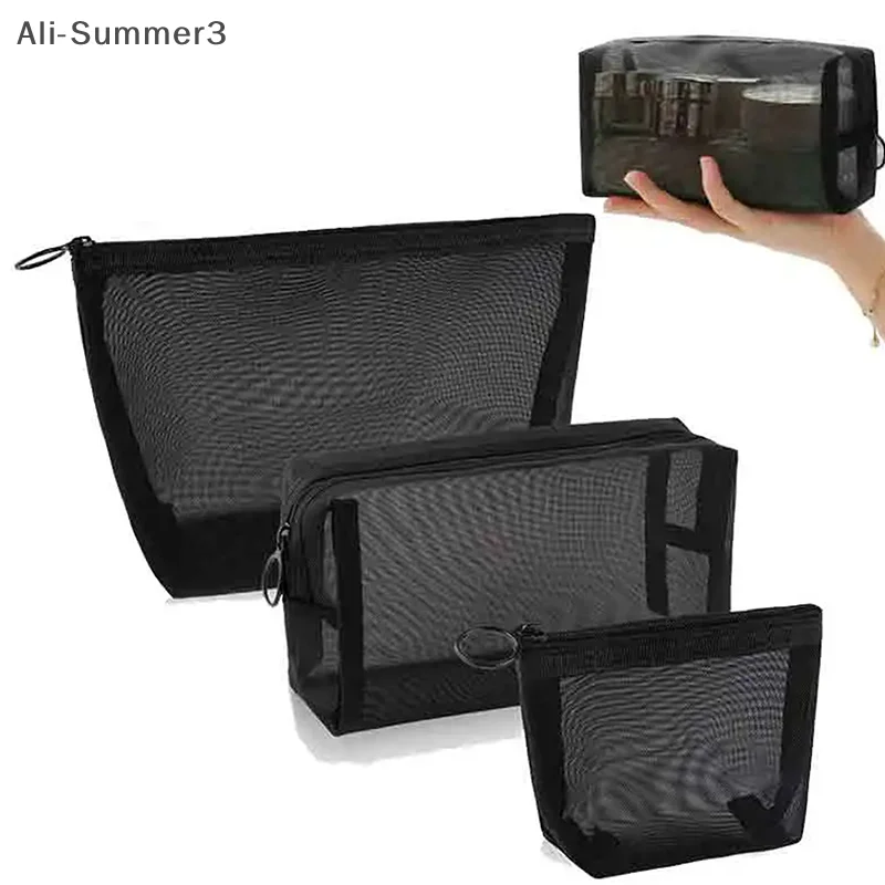 Black Mesh Clear Cosmetic Bags Set - Portable Travel Makeup and Toiletry Organizer with Lipstick Storage Pouch