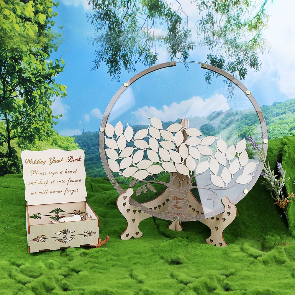 Wedding Guest Book Personalized Drop Round Wedding Guest Book Tree with 80Pcs Leafs Box Leaves Alternative