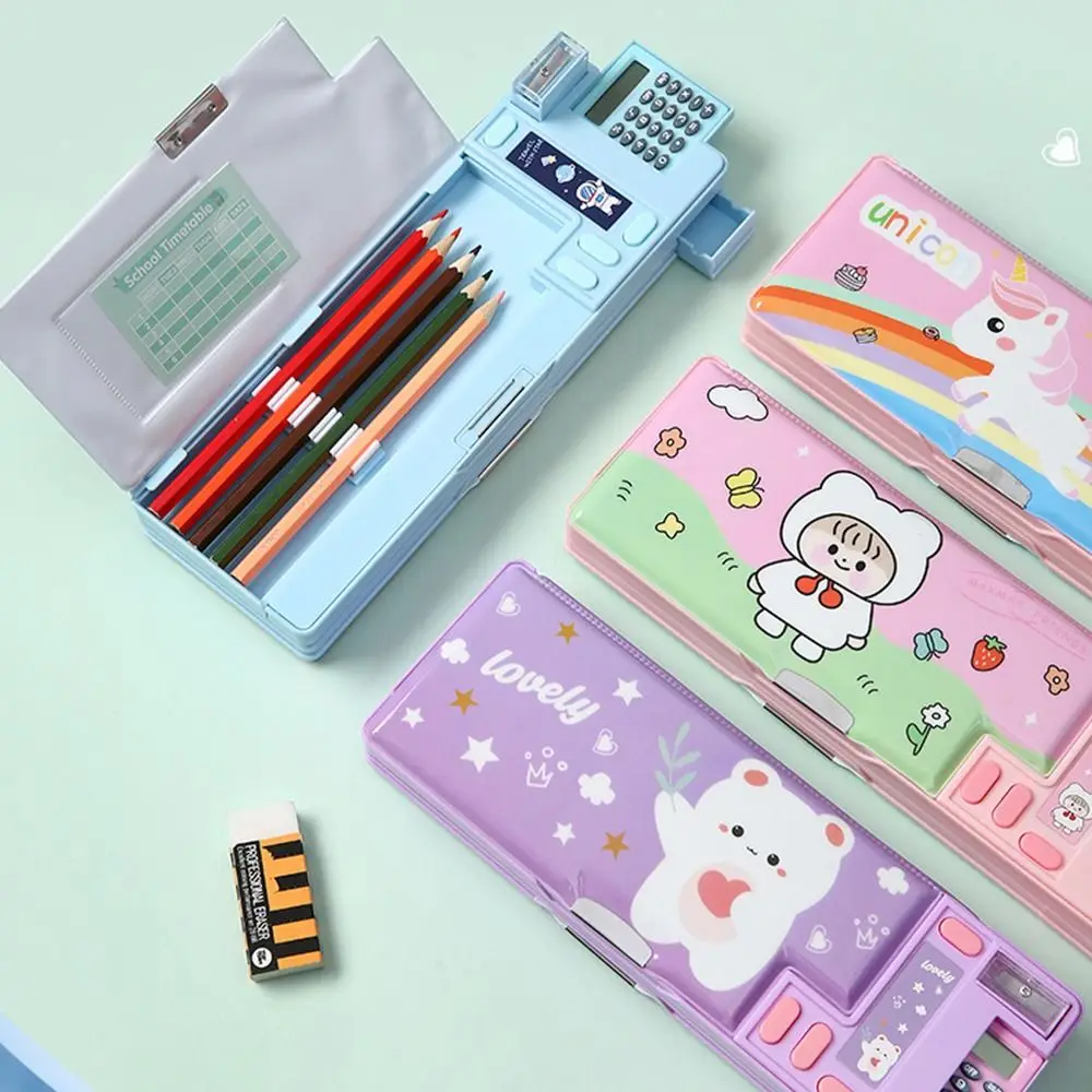 Pencil Cases Stationery Box Double Layer Pencil Case Astronaut Animal Design Pencil Sharpener Box Plastic With Calculator