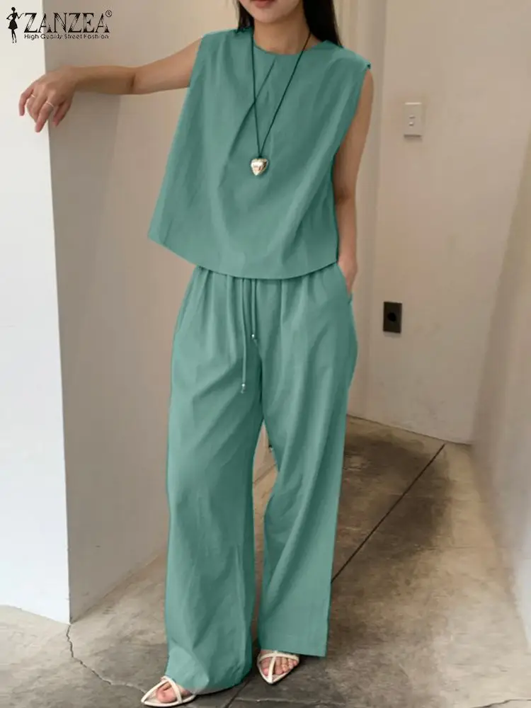 

ZANZEA Elegant Work Suit Fashion 2PCS Blouse Suit Women Solid Tanks Tops & Elastic Waist Pants Casual Tracksuits Matching Sets