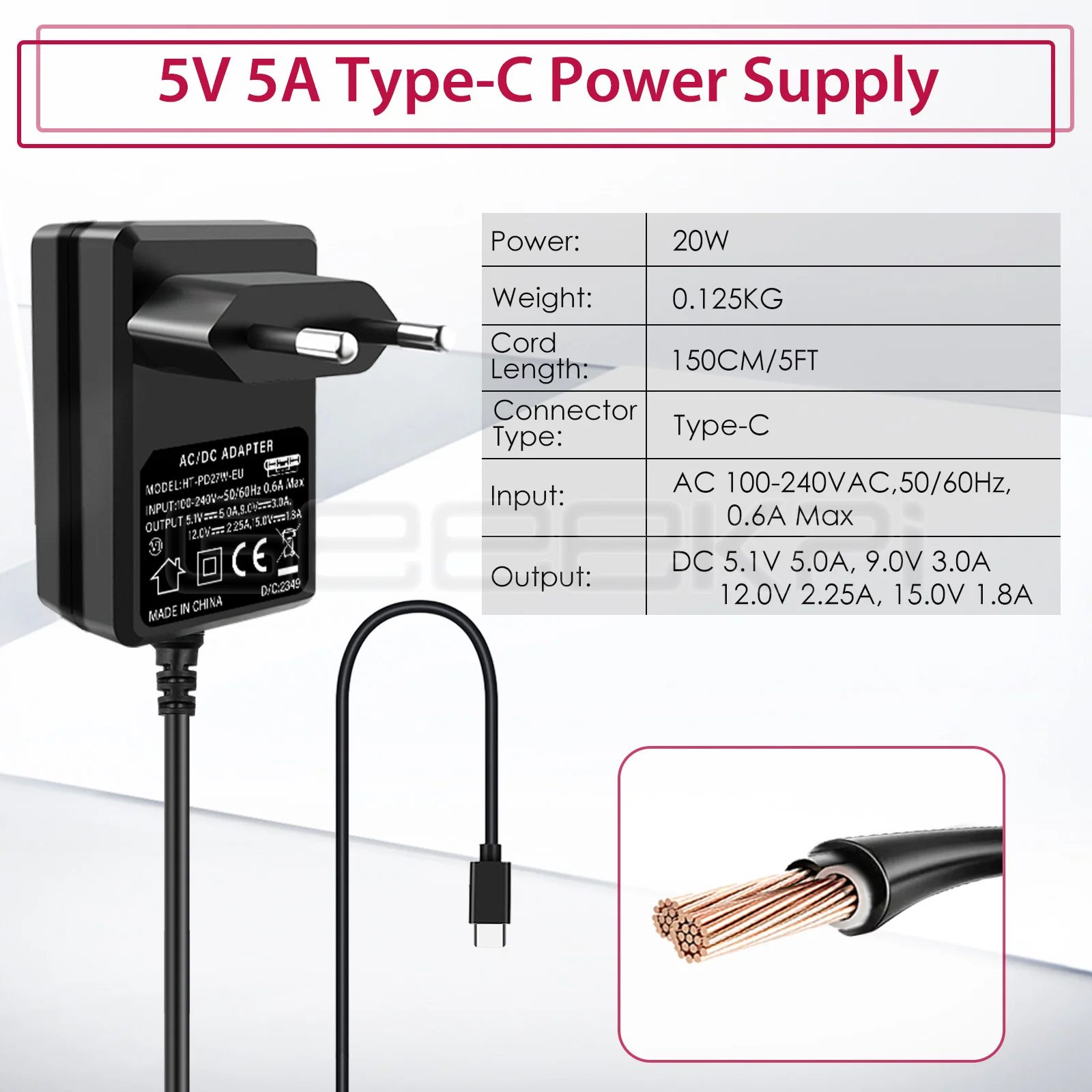 GeeekPi Raspberry Pi 5 Adapter do zasilacza 5 v5a AC/DC 27W 5 stóp kabel EU / US / UK wtyczka do Raspberry Pi5