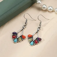 

Bohemian National Style Carved Diamond Drop Shaped Inlaid Multicolor Turquoise Earrings Add Charm To Women's Temperament