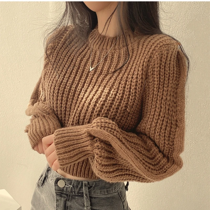 New Women's Autumn and Winter Long Sleeve Sweater Fashion Short Knitwear Crew Neck Lantern Sleeve Top