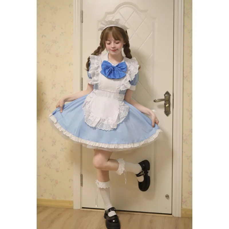 Mädchen Damen Cute Cosplay Lolita Maid Kleid mit Headband S-5XL, Schwarz/Pink/Blau/Lila/Gelb/Grün 51