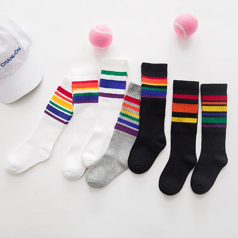 

New Cotton Child Football Socks Rainbow Stripes Knee-high Sports Socks Long Sock for Kids Girls Baby Boy Children Summer Clothes