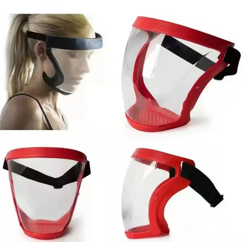 Lunettes de protection anti-éclaboussures et anti-lumière bleue bleues, vues de profil sur fond gris.