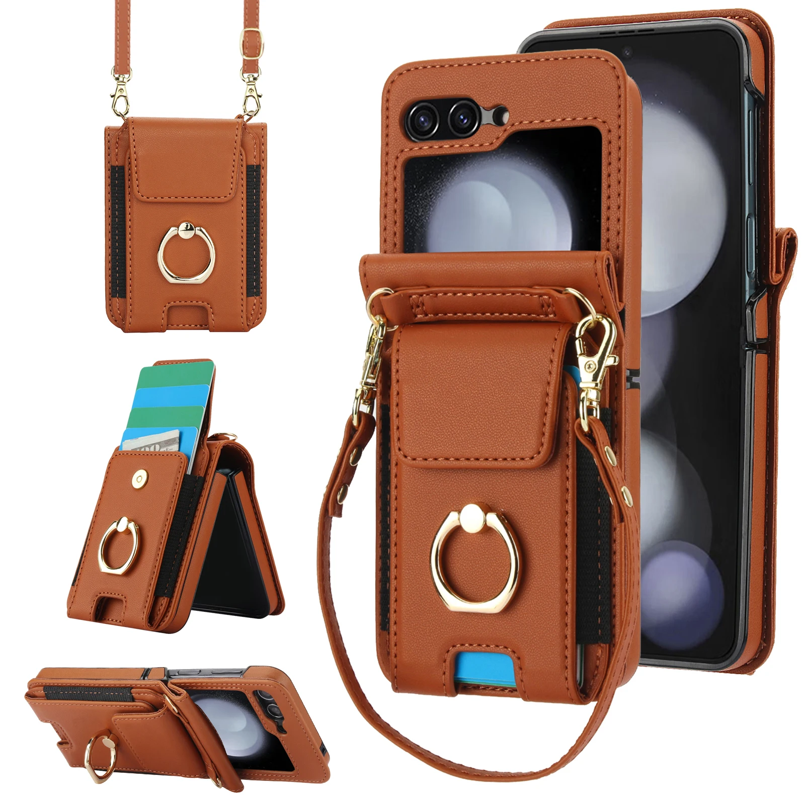 Elastična kožna futrola za prstenje s karticama za Samsung Galaxy Z Flip 6 5 4 3 5G Flip6 Flip5, vertikalna torba s vrpcom_voghion.com