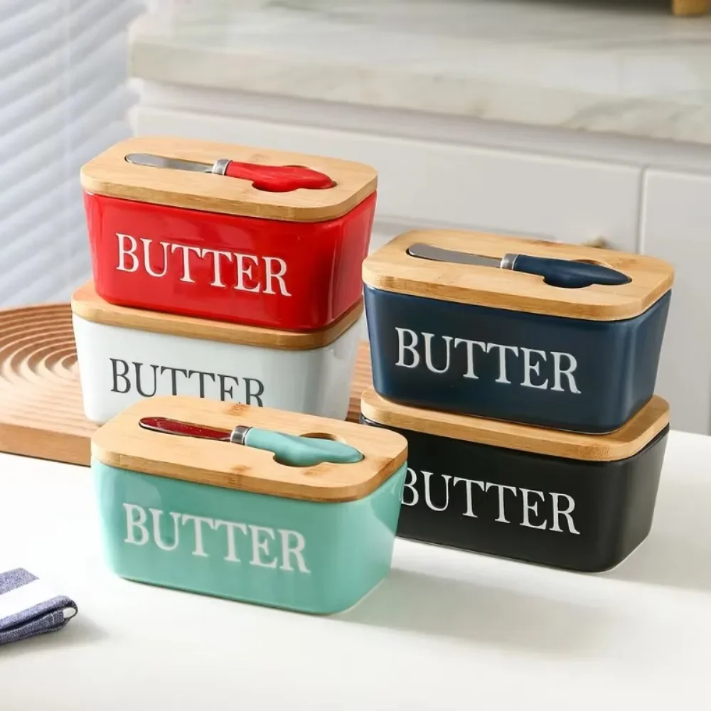 Butter Storage Box Ceramic Butter Container Box Restaurant Seal Storage Boxes Cheese Box Knife Bamboo Lid Butters Slicer Butter Dish Tableware