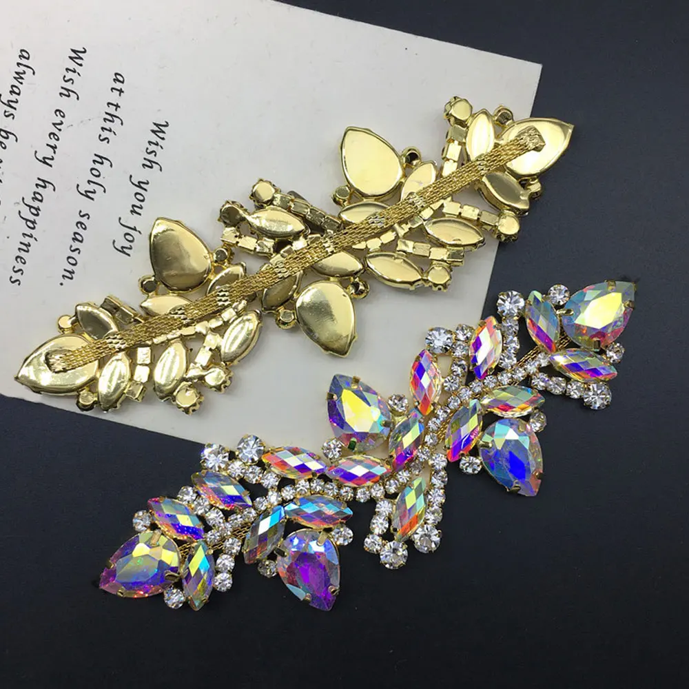 Wedding Dress & Shoe Decoration Appliqué - Gold Silver AB Crystal Leaf Glass Rhinestone Chain Fringe Sew-on Garment Accessory - 2