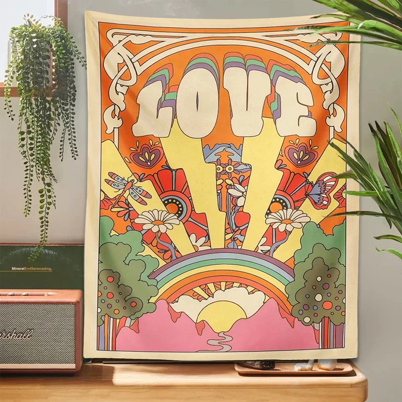 70s Retro Tapestry Vintage LOVE Sun rainbow Wall Art Printed plant flower Psychedelic Hippie Wall Living Room Bedroom Home Decor tapestry decorations