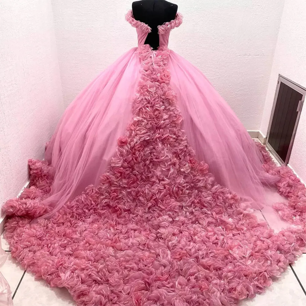 Floral Quinceanera Dresses for Women Real Images Ballgown Sweet 15 Dress Off the Shoulder Sleeves Long Train