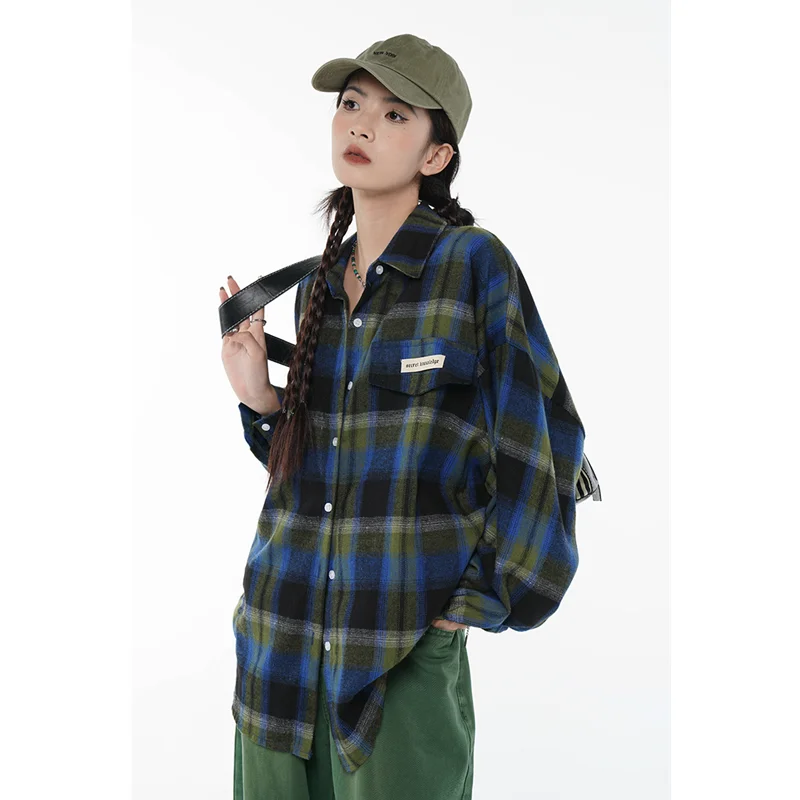 

Women Shirt Plaid Oversize Blouse Female American Style Long Sleeves Shirt Tops Casual Outwear Lapel Vintage Checkered Blusas