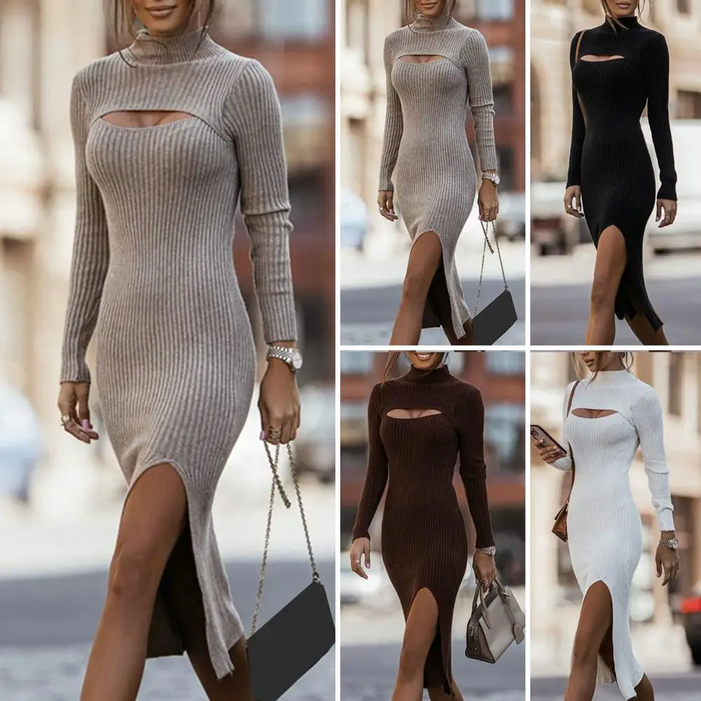 

Women Casual Retro Dress Elegant Women's Knitted Midi Dress with Half-high Collar Striped Detail Slim Fit Waist Soft for Ladies