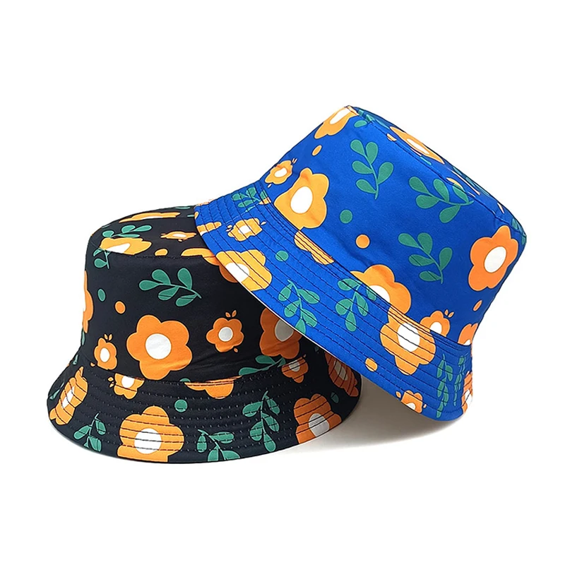 Bocca Children Bucket Hat Flower Print Fisherman Hats Girl Kids Panama Cap Cartoon Double Sides Child Caps Summer Sun Outdoor