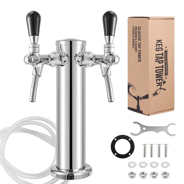 Draft Beer Tower,Dual Faucet Tap Kegerator Tower,3'' Dia. Stainless