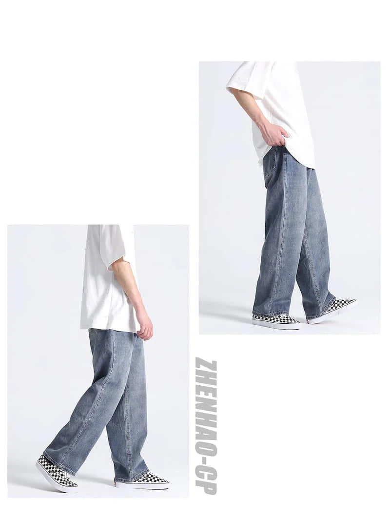 Calças de Brim de Cordão Total em Linha All-match na Moda Sólido Denim Comprimento Reta Solta Masculino Punk Baggy Retro Lazer Chique Cowboy Calças 14 Computers & Electronics
