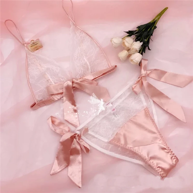 French Cute Perspective Deep V Sexy Bra Lingerie Set Silk Lace Underwear Women's Ultra thin