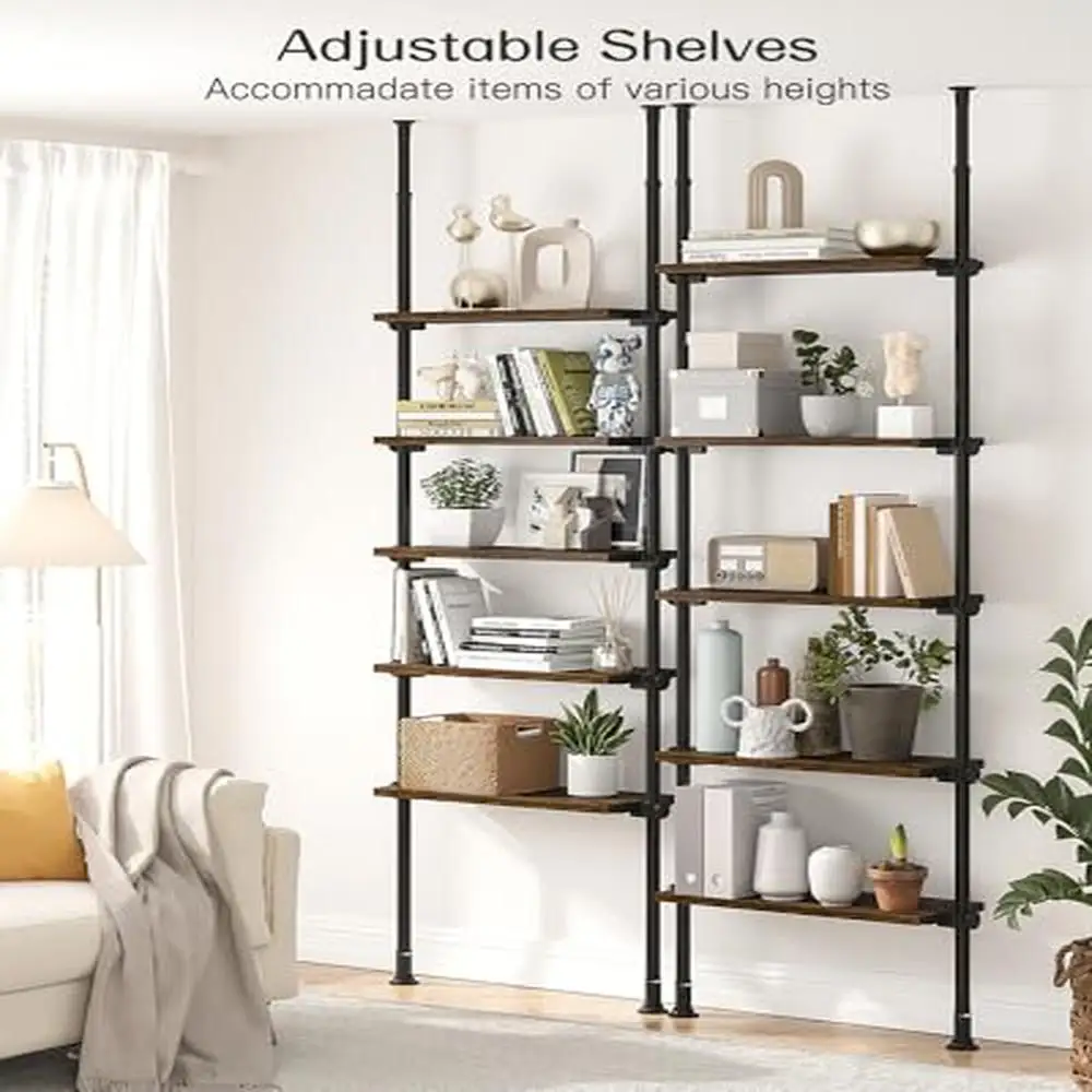 Adjustable Tall 5 Tiers Narrow Ladder Bookshelf with Open Storage Tiered Shelf Metal Frame Wooden Industrial Rectangular Office 2