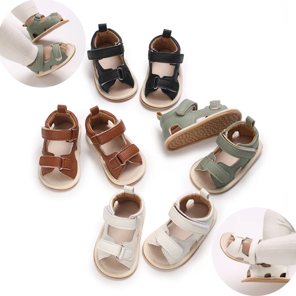 HAIZHIW  Toddler Rubber Sole Flat Anti-slip First Walkers Crib Baby Shoes Summer Baby Sandals Baby Boy Girl PU Leather Shoes 1