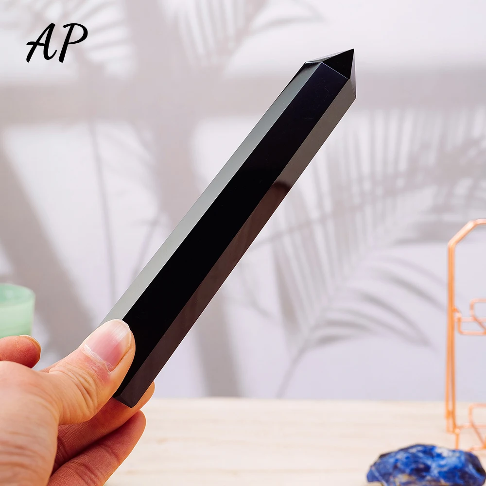 

1PC 15-16CM Natural Obsidian Crystal Column Black Quartz Crystal Point Healing Stone Energy Hexagonal Wand Home Decoration