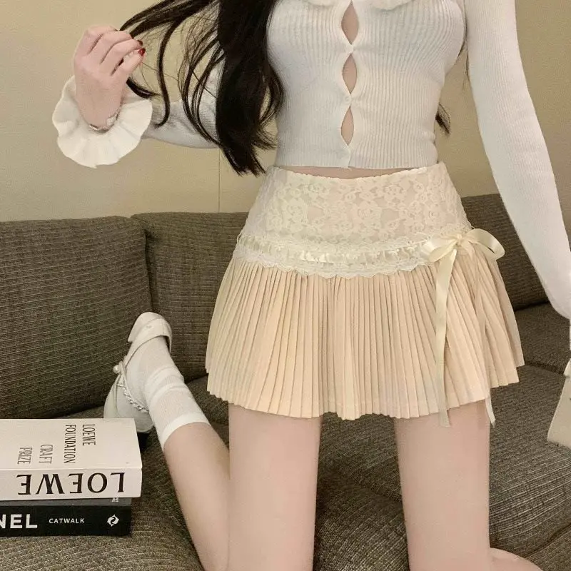 Mori Girl Sweet Lace Patchwork Mini Pleated Skirt for Women, Kawaii Cute Bow Bandage Slim Skirt, Female Harajuku Short Skirts