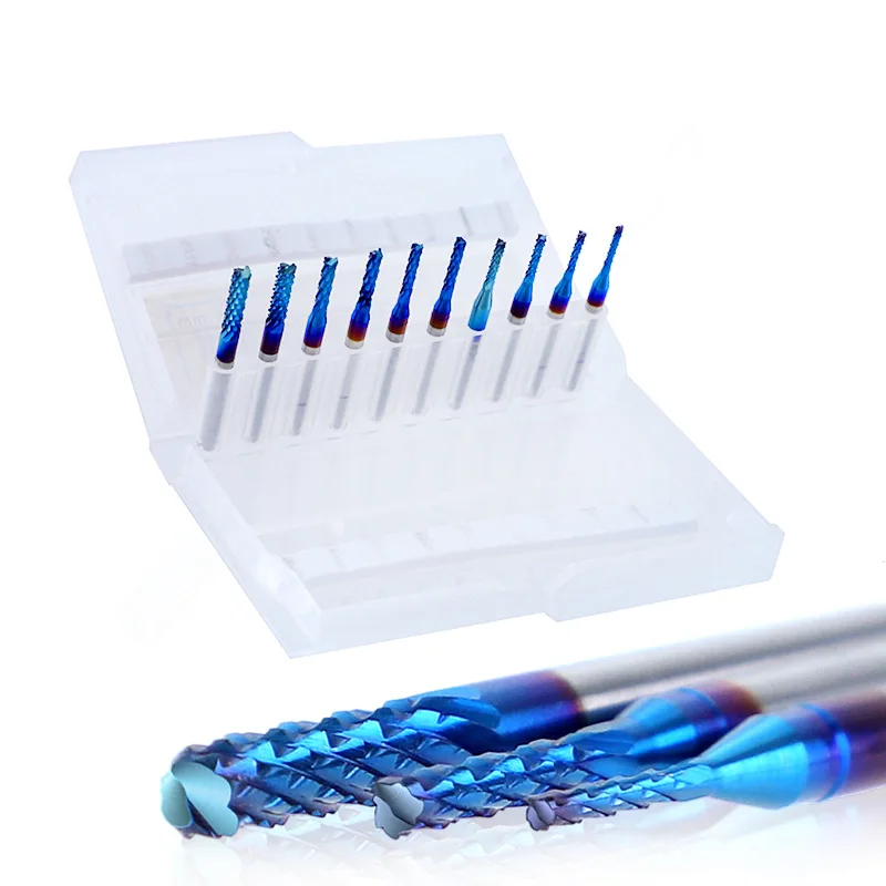 10pcs 0.5-3.175mm 하드 텅스텐 강철 엔드 밀 3.175mm 생크 블루 코팅 CNC 라우터 비트 조각 가장자리 밀링 커터 엔드 밀