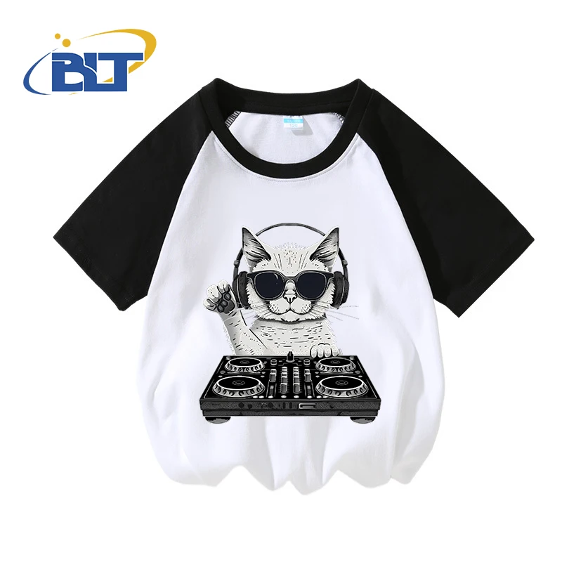 

Fun DJ cat print kids T-shirt summer pure cotton contrasting color short-sleeved casual tops for boys and girls