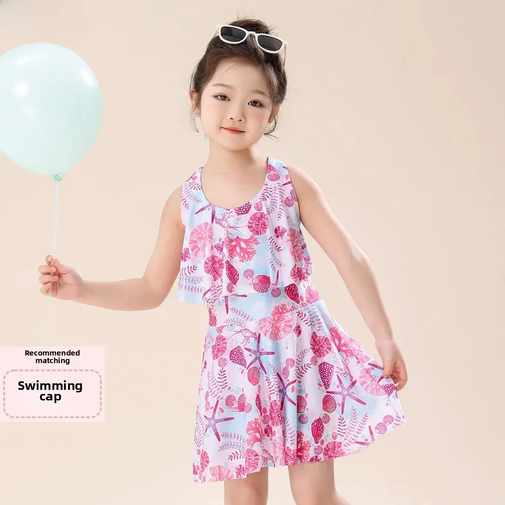 Girls Swimming Costume Cartoon Print Floral Vest Strap Dress Separate Sleeveless Children Swimming Skirt Set Floral Pattern