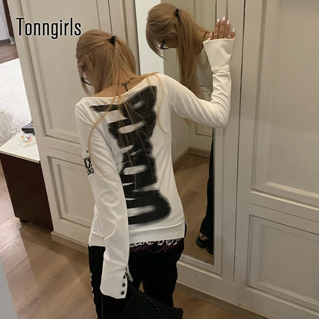 Tonngirls American Retro Print T-shirt Women Long Sleece Button Graphic Tops Y2k Tops 2000s Japanese Grunge Tops E-girls Autumn 1