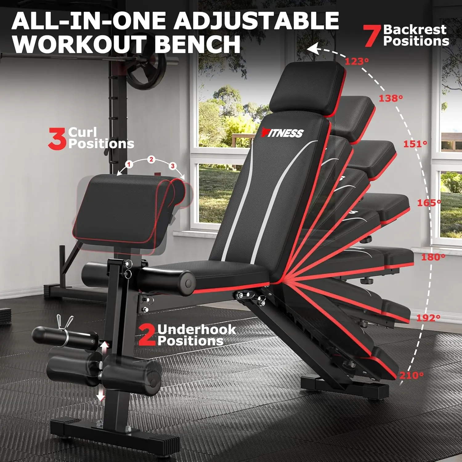 Weight Bench, Foldable Workout Bench for Home Gym, Bench Press with Leg Extension & Preacher Pad, Extra Headrest, Incline Sit Up