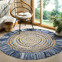 Tapis rond 100% naturel fait à la main en Jute et Denim, moquette moderne Double face pour salon et maison