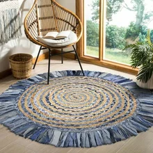 Runde Teppiche 100% Natürliche Jute und Denim Handgemachte Teppich Moderne Home doppelseitige Nutzbar Wohnzimmer Teppich