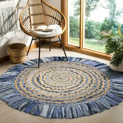Round Rugs 100% Natural Jute and Denim Handmade Carpet Modern Home Double-sided Usable Living Room Carpet
