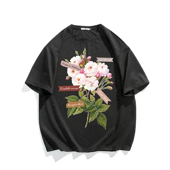 남성용 레트로 꽃무늬 반팔 티셔츠, 하라주쿠 스타일 스팽글 티셔츠, 기본 색상 상의, 블랙 화이트 그린
