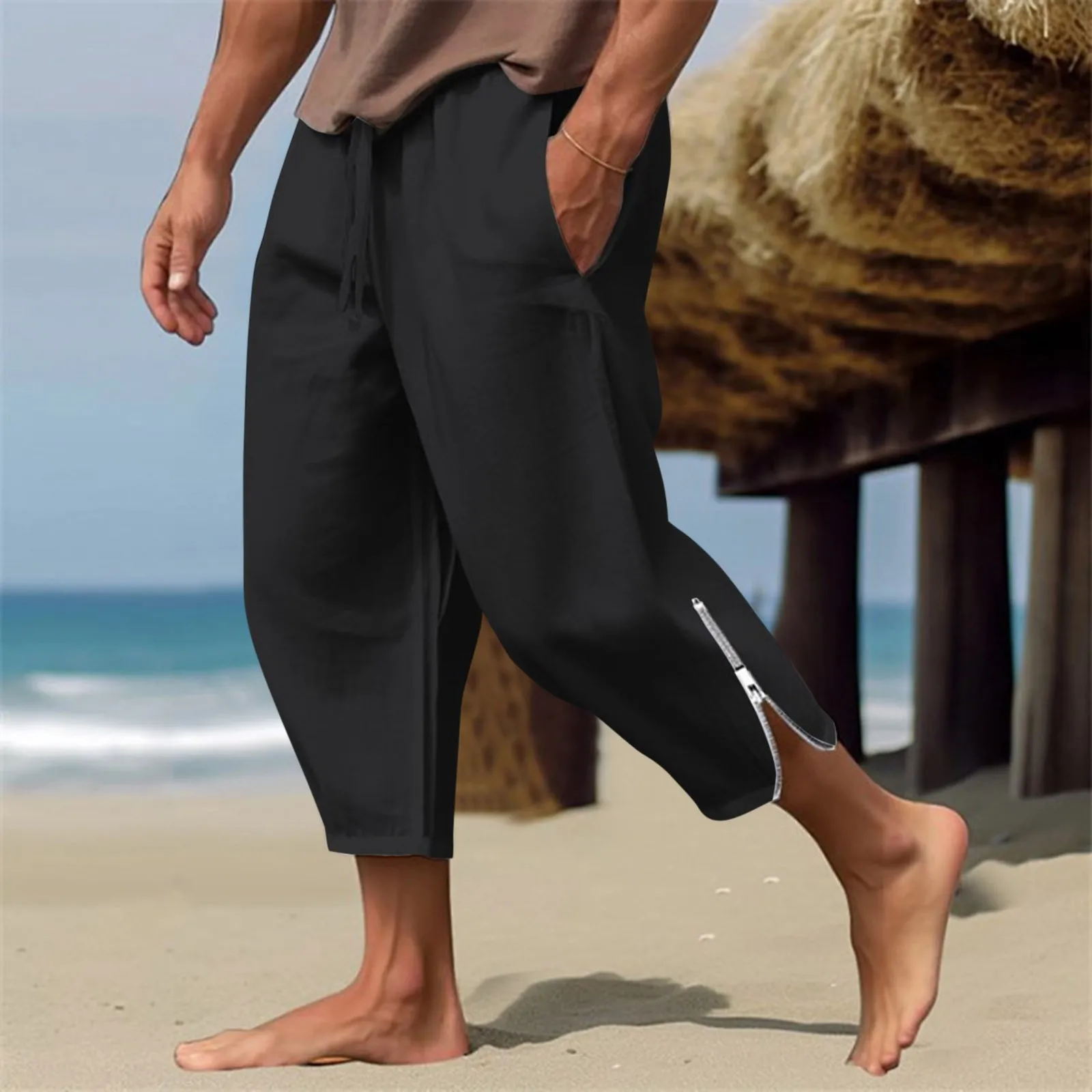 Men'S Linen Pants Summer Beach Pants Drawstring Elastic Waist Zippered Legs Solid Business Casual Trousers Men Little Year