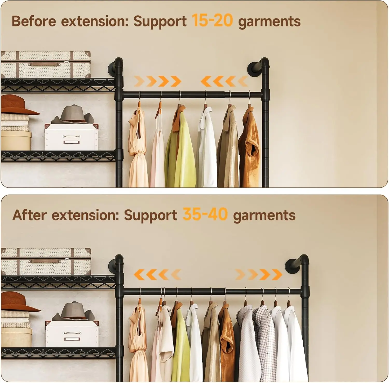 H3 Wall Mounted Closet System, Expandable Industrial Pipe Clothes Rack Clothing Rack for Hanging Clothes, Heavy Duty Closet