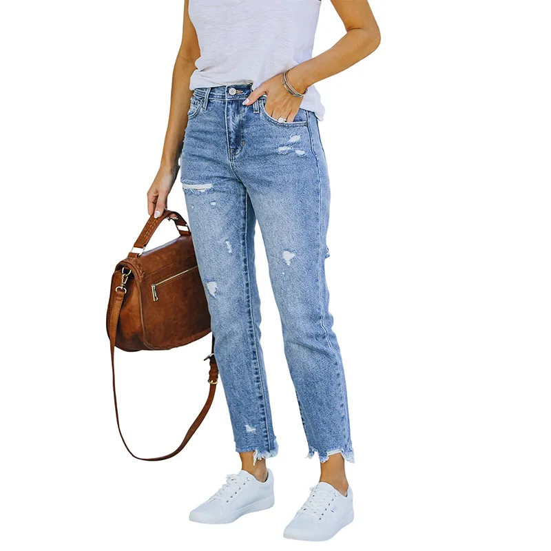 

1093# Europe and America Washed and Worn Tassel Pants Female Slim High Elastic Jeans