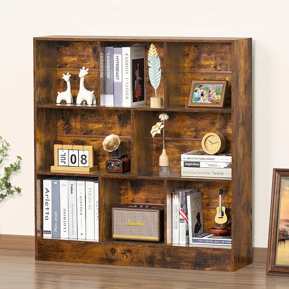 

3-tier Mid-century Modern Brown Bookcase Cube Organizer Standing Wide Rustic Wood Display Cabinet8 Cube Bookshelf With Base Room