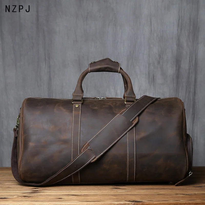 Retro Men's Leather Travel Bag Top Layer Cowhide Large-Capacity Travel Bag Crazy Horse Leather Handbag Messenger Bag NZPJ