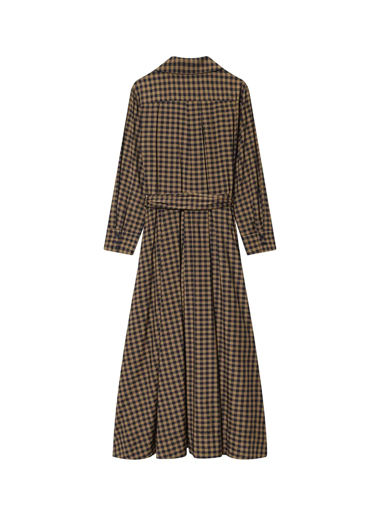 Women New Lace-Up Shirt Dress Fashion Long Sleeved Plaid Printed Turn Down Collar Leisure Elegant Midi Dress Female Clothing