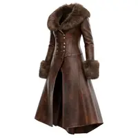 Women's retro style leather mid length jacket with leather collar and lapel jacket (note only neck plush)