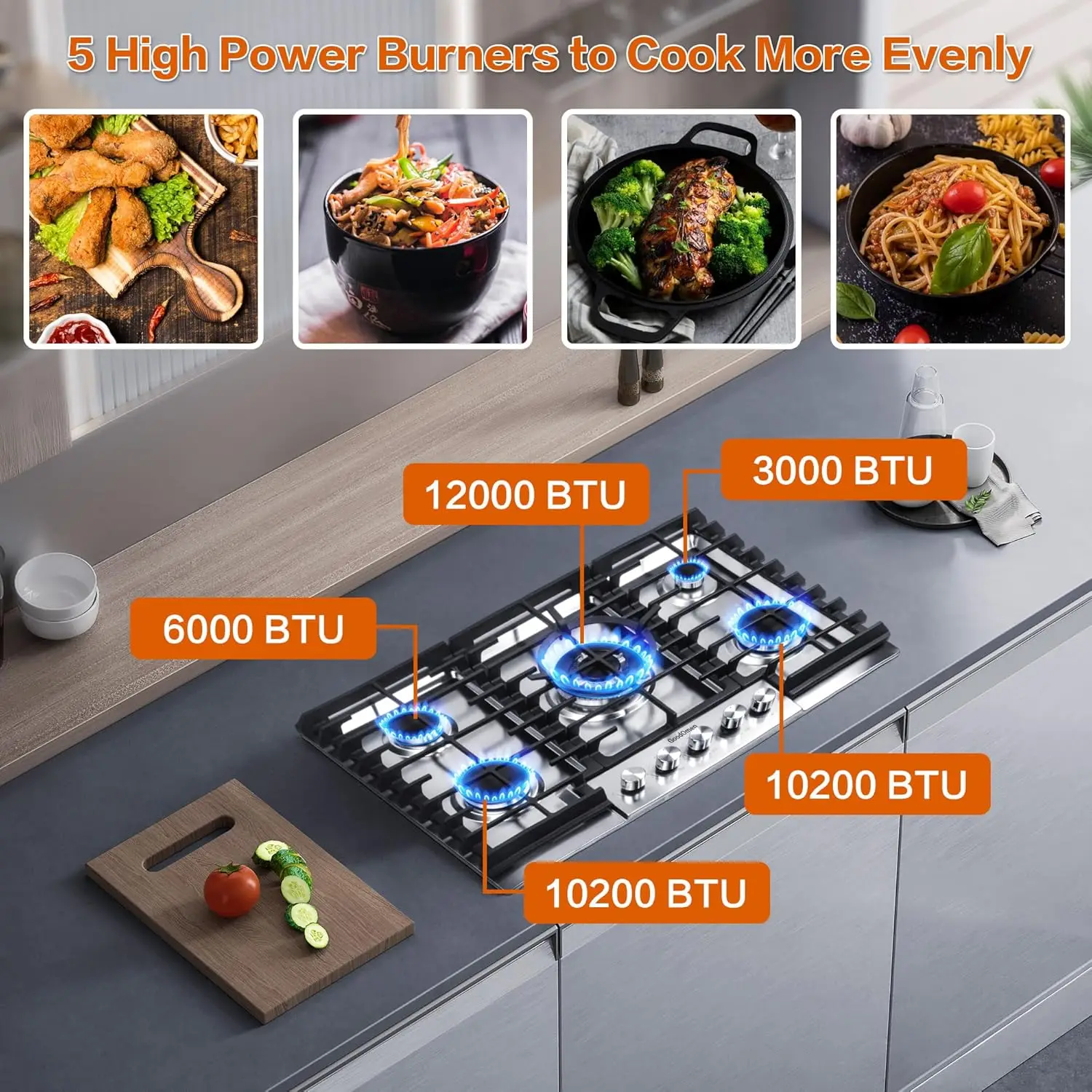 30 Inch Gas Cooktop, Gas Stove Top with 5 High Efficiency Burners, Bulit-in Gas Countertop in Stainless Steel for kitchen 3