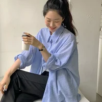 Korean Women's Shirt Sunscreen Long Sleeves Shirt Summer Women's Loose Casual Single Breasted Turndown Collar Plaid - Image 5