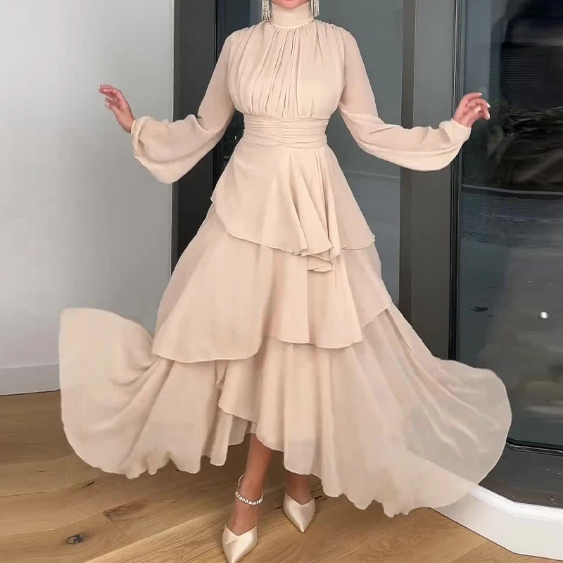 

Fashion Pleated Cascading Ruffle Cake Dress Vintage French Hepburn Style Slim Maxi Dresses Women Elegant Turtleneck Party Dress