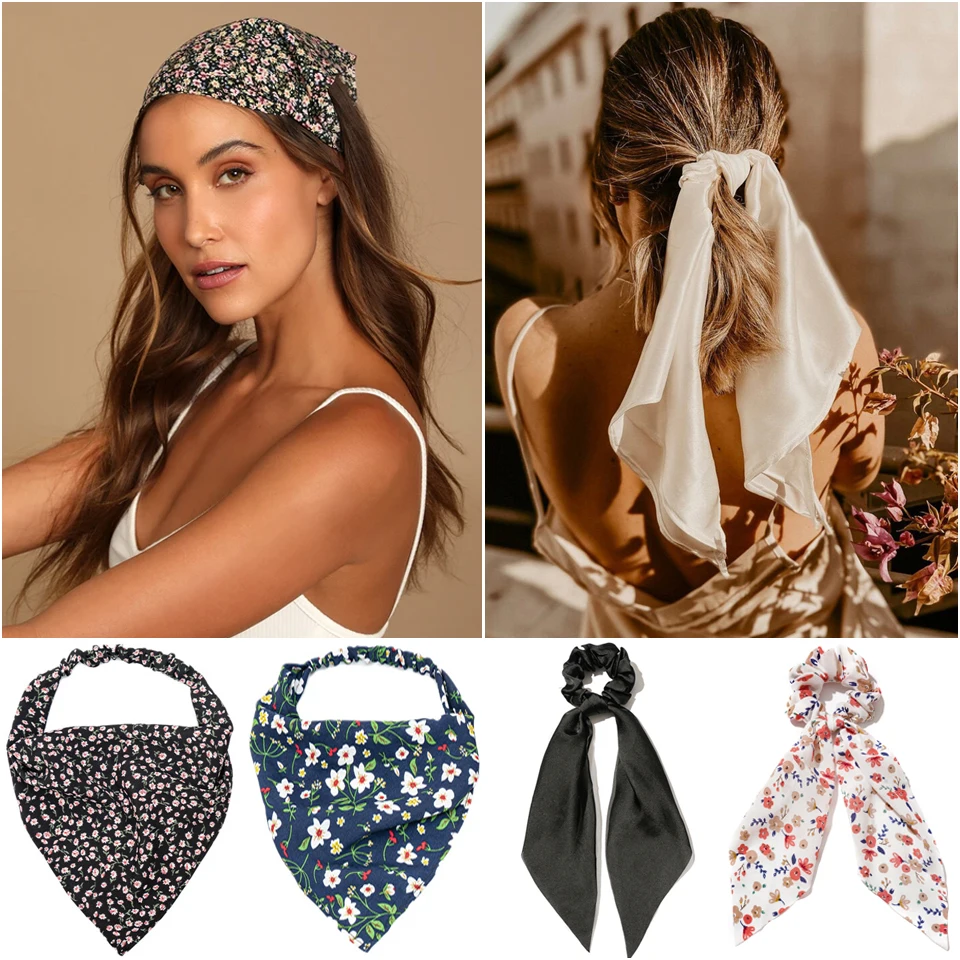 2023 Chiffon Printing Flower Bandana Hair Scarf Headband For Women